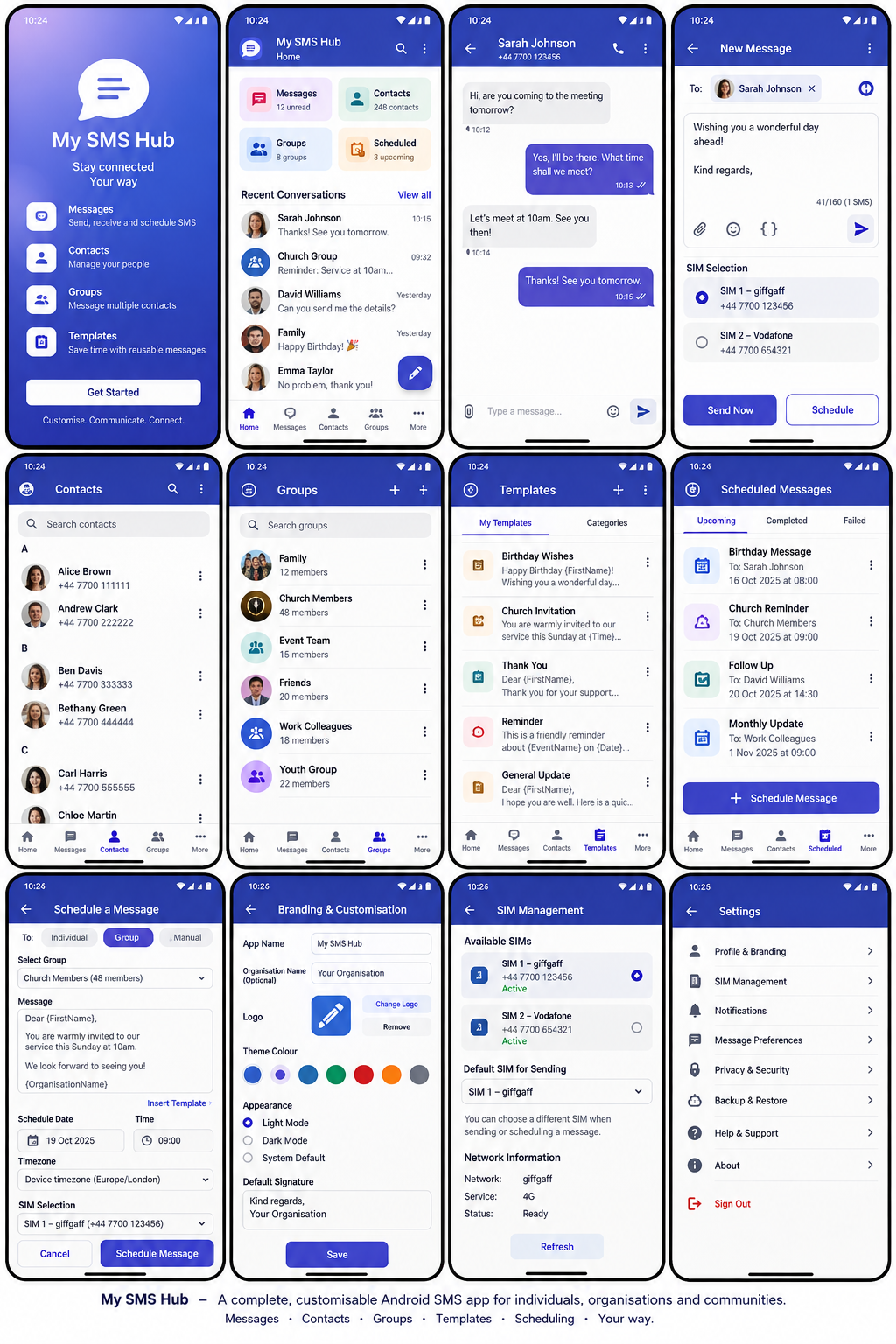 Concept designs for My SMS Hub Android screens